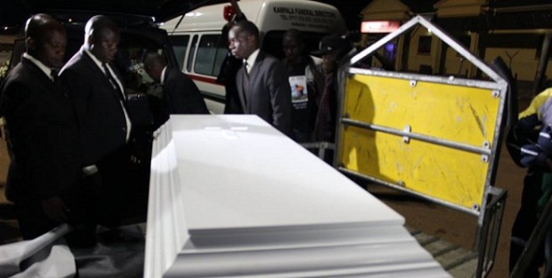 The casket carrying Abel Dhaira's remains from Iceland arrived on Sunday morning at Entebbe International Airport.  PHOTO BY FUFA