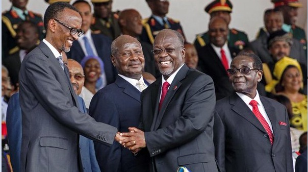 Magufuli congratulated by Kagame at the swearing in last year. Magufuli drives to Rwanda today.