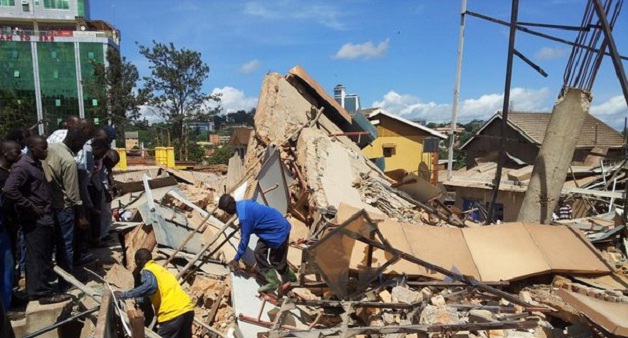 A building, Kyaseka Towers on Makerere Hill Road collapsed today. In the background is Ham Towers. PHOTO VIA @walugembeshajad 