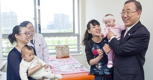 Secretary-General Ban Ki-moon (right) attends the opening of the Shanghai Municipal Centre for Maternal and Child Health. Other than birth rates, China now has to worry about mental health. WHO PHOTO