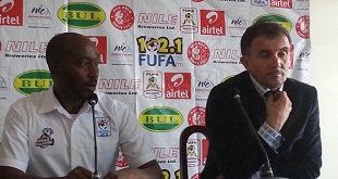 Micho (right) was joined by FUFA press chief Ahmed as Cranes squad was named. PHOTO BY FUFA