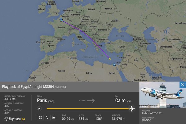 FlightRadar24 image of EgyptAir flight route before it went down in the sea