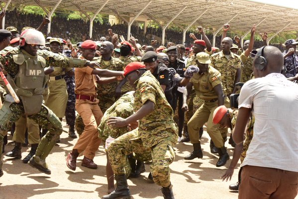 Different forces dance to Tubonge Nawe songs at Kololo today. PHOTOS VIA @LindahNabusayi