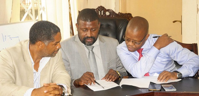 UOC president Blick (left), FUFA VP Mbidde (middle) and Magogo (right) at the press briefing on Thursday. PHOTO BY FUFA