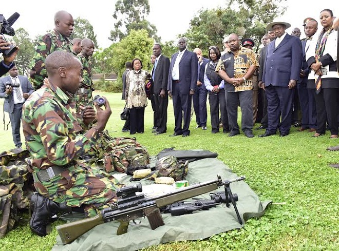 Museveni and Ali Bongo of Gabon being shown how Game Rangers work during the Giants Summit in Nairobi yesterday.