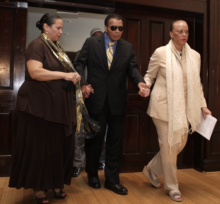 This file photo taken on May 24, 2011 shows World Heavyweight Boxing Champion Muhammad Ali arriving at a news conference at the National Press Club in Washington. Boxing legend Muhammad Ali, dies at 74. The former heavyweight world champion was hospitalized on Thursday at a Phoenix, Arizona, hospital with a respiratory issue, which US media reported was complicated by his Parkinson's disease. AFP PHOTO