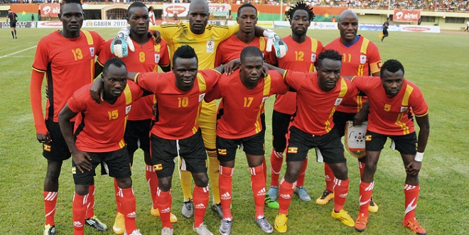 Uganda's national football team players pose prior to the 2017 African Cup of Nations qualification football match between Burkina Faso and Uganda, on March 26, 2016, at the Stade du 4 aout stadium in Ouagadougou. / AFP / AHMED OUOBA