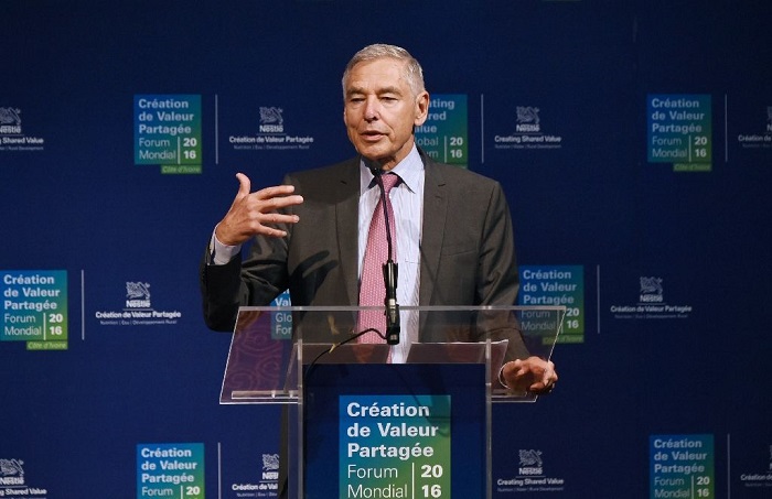 Nestle Chief Executive Officer Paul Bulcke delivers a speech during the opening session of the Nestle Creating Shared Value Forum: Investment for Sustainable Development in Africa, in Abidjan on June 21, 2016. PHOTO AFP