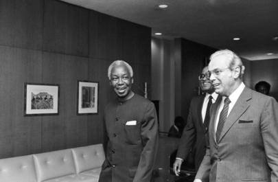 FILE photo of Nyerere and UN Secretary-General Javier Perez de Cuellar (right) .