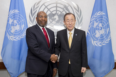 Secretary-General Ban Ki-moon (right) meets with Ruhakana Rugunda, Prime Minister of the Republic of Uganda. 09 June 2016