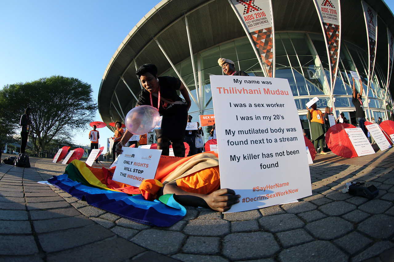 21st International AIDS Conference (AIDS 2016), Durban, South Africa. Monday 18th July 2016, VENUE : DURBAN ICC (Outside the Venue) ACTIVITS FOR SEX WORKERS PROTESTING OUTSIDE THE VENUE OF THE MORNING OF THE CONFERENCE BEFORE IT KICKS OFF Photo©International AIDS Society/Abhi Indrarajan