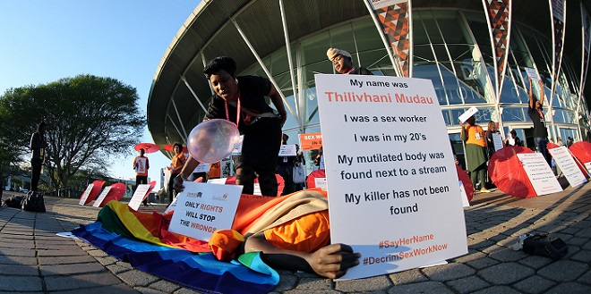 21st International AIDS Conference (AIDS 2016), Durban, South Africa. Monday 18th July 2016, VENUE : DURBAN ICC (Outside the Venue) ACTIVITS FOR SEX WORKERS PROTESTING OUTSIDE THE VENUE OF THE MORNING OF THE CONFERENCE BEFORE IT KICKS OFF Photo©International AIDS Society/Abhi Indrarajan