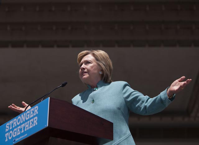 Presumptive Democratic presidential nominee Hillary Clinton speaks at a rally on the boardwalk on July 6, 2016 in Atlantic City, New Jersey. Clinton addressed presumptive Republican presidential nominee Donald Trump's business record.   Jessica Kourkounis/Getty Images/AFP