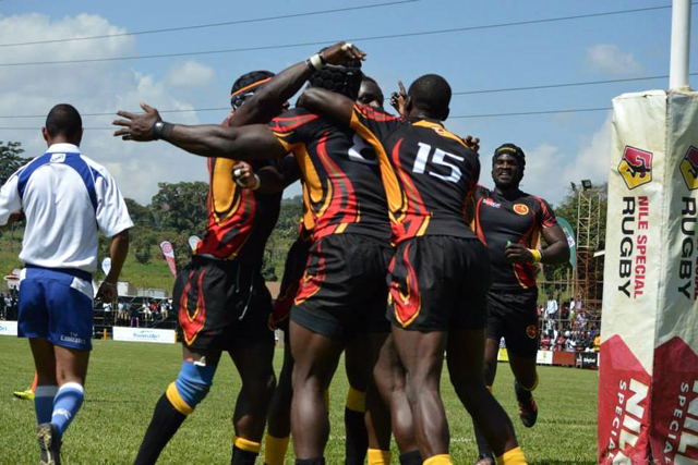 Rugby Cranes celebrate a try during the Namibia game in Kampala. Photo via