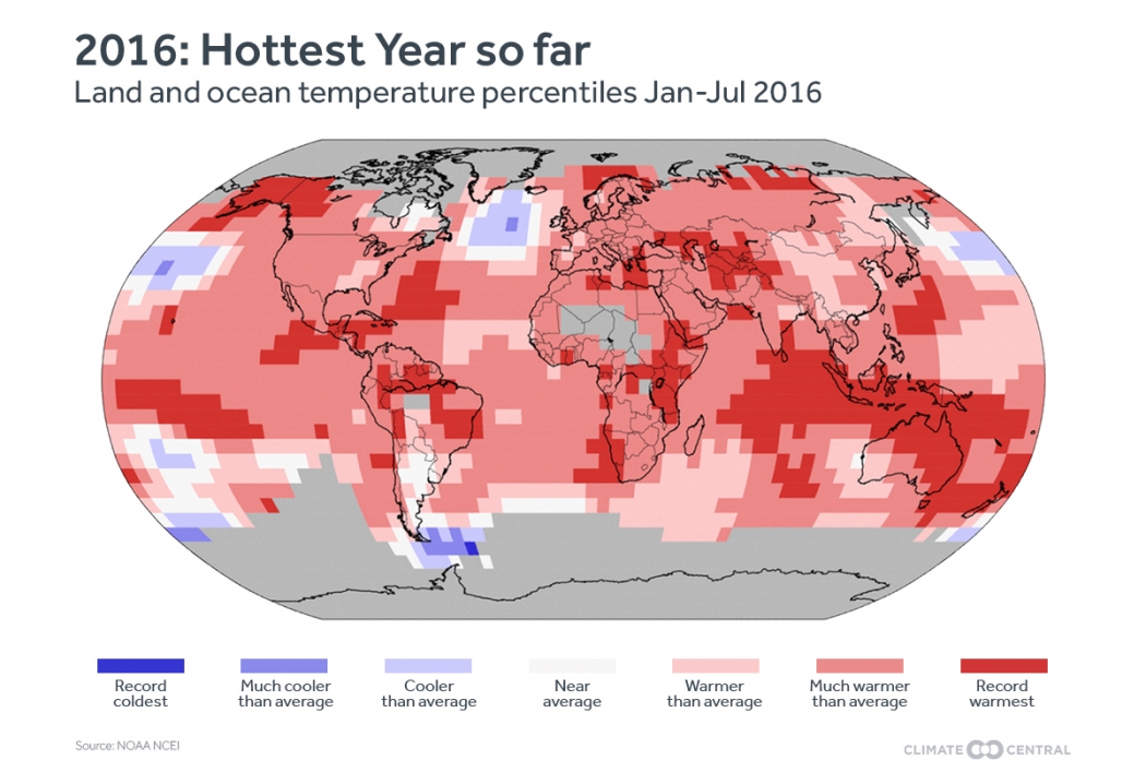 How temperatures around the globe have differed from the 20th century average through July. IMAGE: NOAA