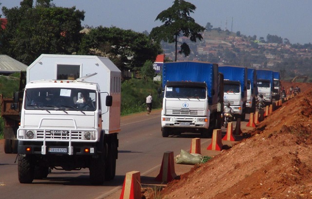 World Food Programme convoys departing Uganda to bring support to South Sudan operations early this year. The refugees are now in Uganda.