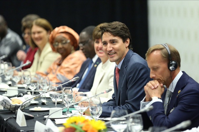 Canada's Justin Trudeau at a meeting with African leaders at a fundraisers for the Global Fund 