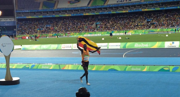 Emong celebrates his silver medal in Rio Friday. PHOTO VIA @UGParalympics 
