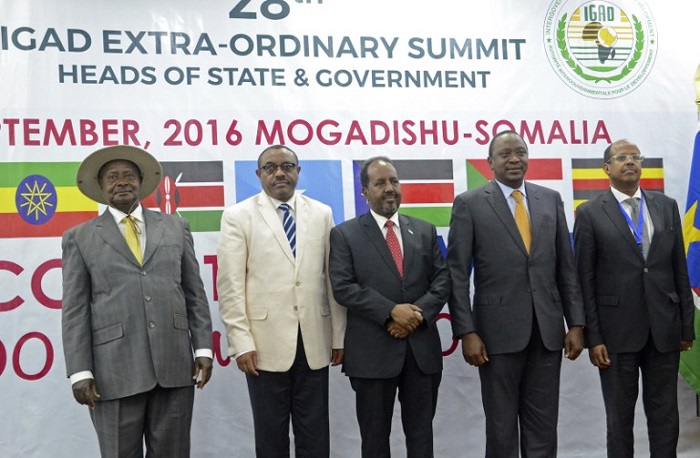 From left: Uganda's President Yoweri Museveni, Ethiopia's Prime Minister Hailemariam Desalegn, Somalia's President Hassan Sheikh Mohamud, Kenya's President Uhuru Kenyatta, Djibouti's Foreign Minister Mahamoud Ali Youssouf, pose for a group photograph during the regional Intergovernmental Authority on Development (IGAD) summit at the Peace Hotel in Mogadishu. AFP PHOTO