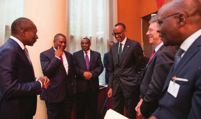 President Kagame, President Patrice Talon of Benin (L), Jeffery Sachs (2nd R) Finance minister Claver Gatete (3rd L), and Nigerian tycoon Aliko Dangote (2nd L). Courtesy photo 