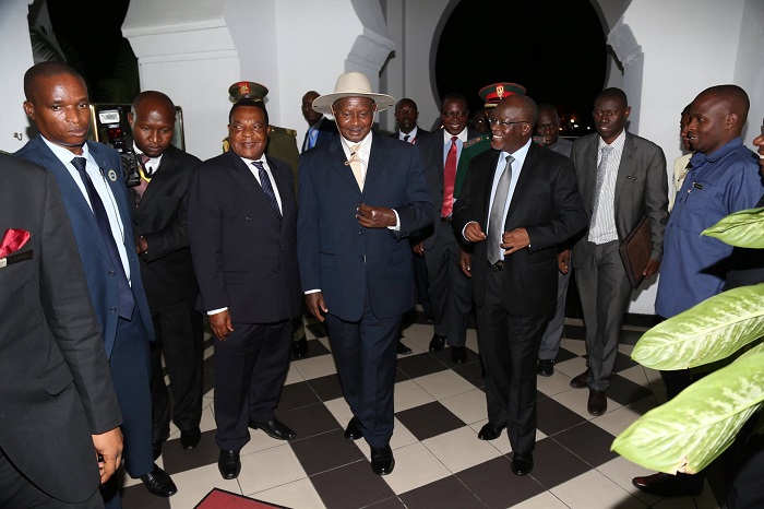 Museveni and Magufuli before a meeting on Wednesday. Museveni is already in Dar for the EAC Summit. PPU PHOTO