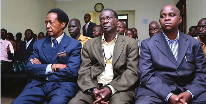 Pensions scam suspects (L-R) Jimmy Lwamafa, Kiwanuka Kunsa and Christopher Obey