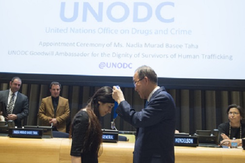 Nobel Peace Prize nominee Nadia Murad Basee Taha, who survived trafficking at the hands of ISIL, was appointed as UNODC (UN Office on Drugs and Crime) Goodwill Ambassador for the Dignity of Survivors of Human Trafficking, at a ceremony held at UN headquarters.