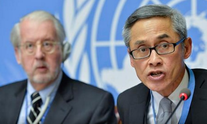 Sergio Paulo Pinheiro (left), Chairman of the Commission of Inquiry on the human rights situation in the Syrian Arab Republic and Vitit (right) member of the Commission during a press conference, 17 March 2015