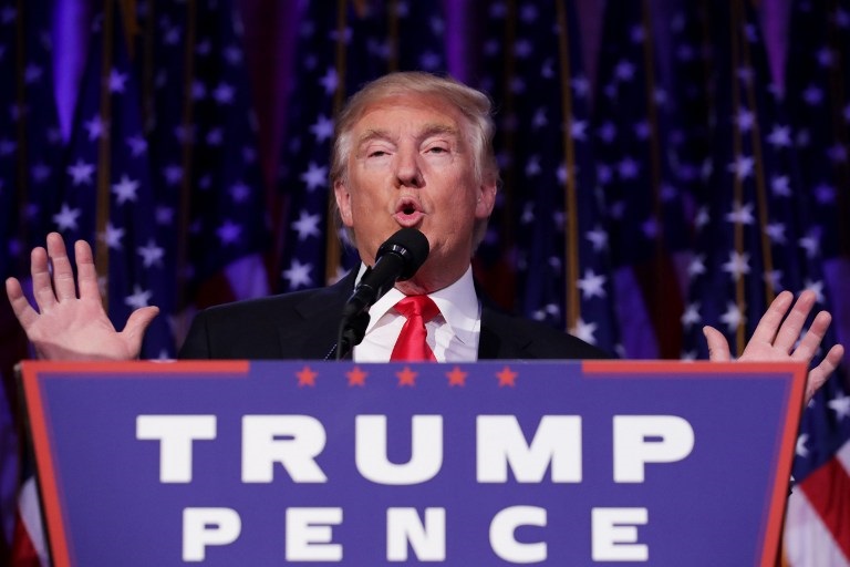 NEW YORK, NY - NOVEMBER 09: Republican president-elect Donald Trump delivers his acceptance speech during his election night event at the New York Hilton Midtown in the early morning hours of November 9, 2016 in New York City. Donald Trump defeated Democratic presidential nominee Hillary Clinton to become the 45th president of the United States. Chip Somodevilla/Getty Images/AFP