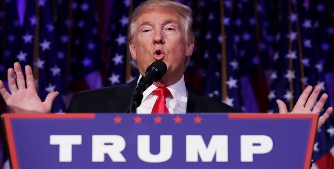 NEW YORK, NY - NOVEMBER 09: Republican president-elect Donald Trump delivers his acceptance speech during his election night event at the New York Hilton Midtown in the early morning hours of November 9, 2016 in New York City. Donald Trump defeated Democratic presidential nominee Hillary Clinton to become the 45th president of the United States. Chip Somodevilla/Getty Images/AFP