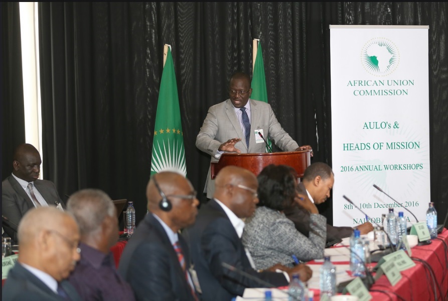 nthony Okara, the Deputy Chief of Staff of the Deputy Chairperson, addresses participants during a workshop for African Union liason officers, finance officers and heads of mission in Nairobi, Kenya, on December 8, 2016. AMISOM Photo