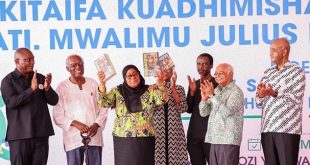 President Samia Suluhu Hassan has launched the famous three-volume biography of the Founding Father of the Nation and First UDSM Chancellor Julius Kambarage Nyerere authored by three UDSM dons namely Prof. Saida Yahya-Othman, Prof. Issa Shivji and Dr. Ng'wanza Kamata. PHOTO @samuelmyete3